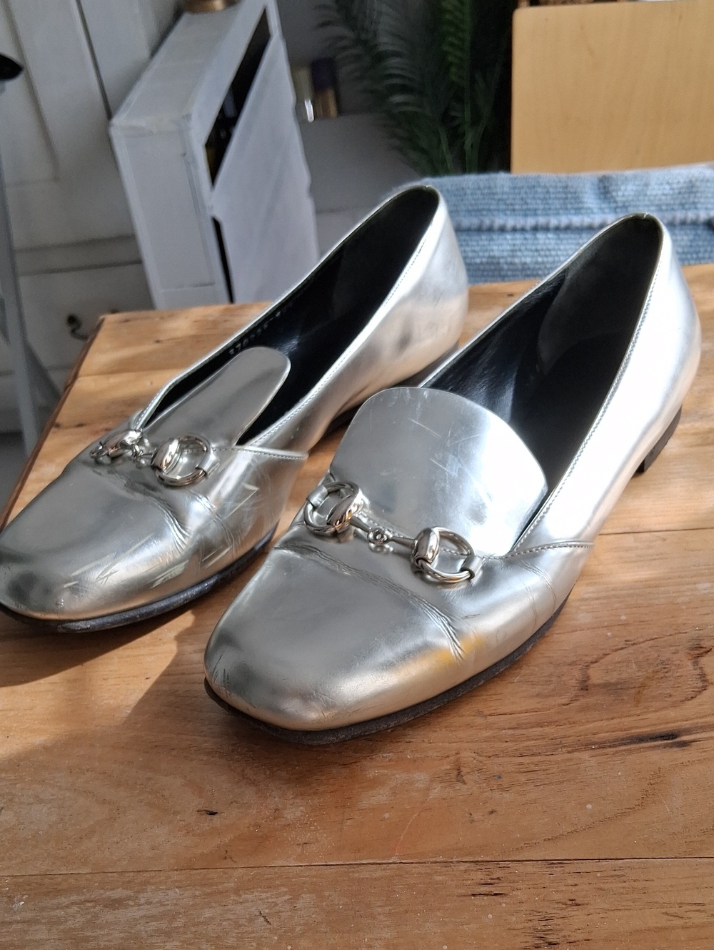 Gucci Silver Metallic Horsebit Leather Loafers